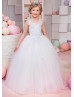 Beaded White Tulle Floor Length Puffy Flower Girl Dress Beaded White Tulle Floor Length Puffy Flower Girl Dress